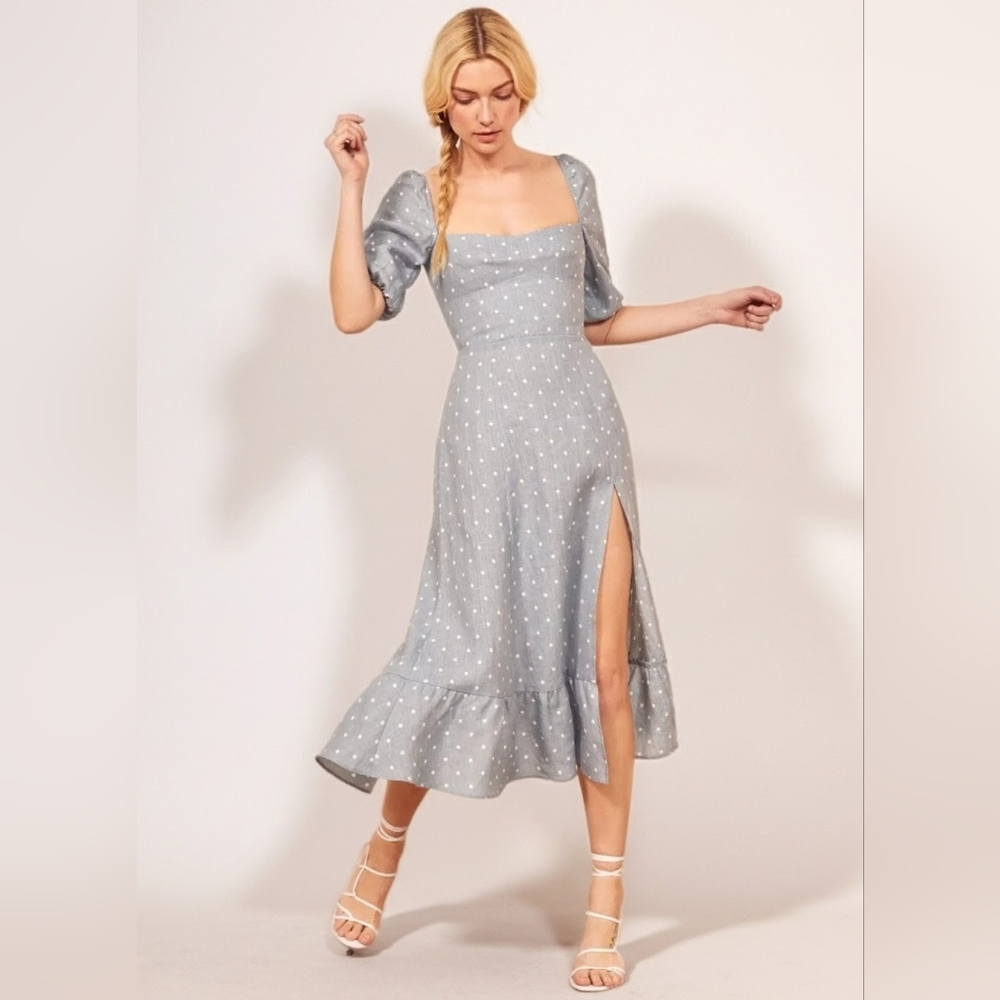 Reformation Belgium Linen Puff Sleeve Midi Dress in Light Blue Polka Dot. NWOT